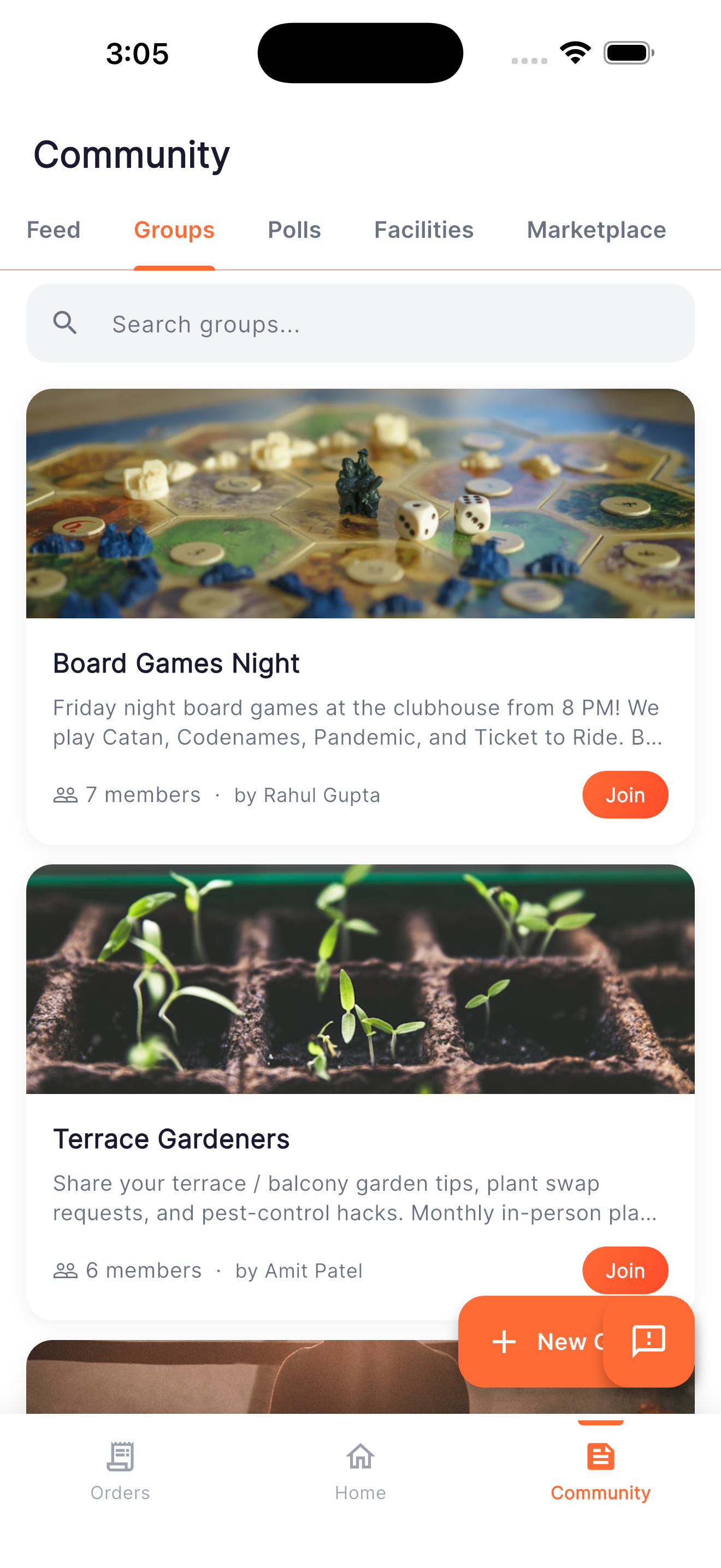 VallyLoop community groups screen