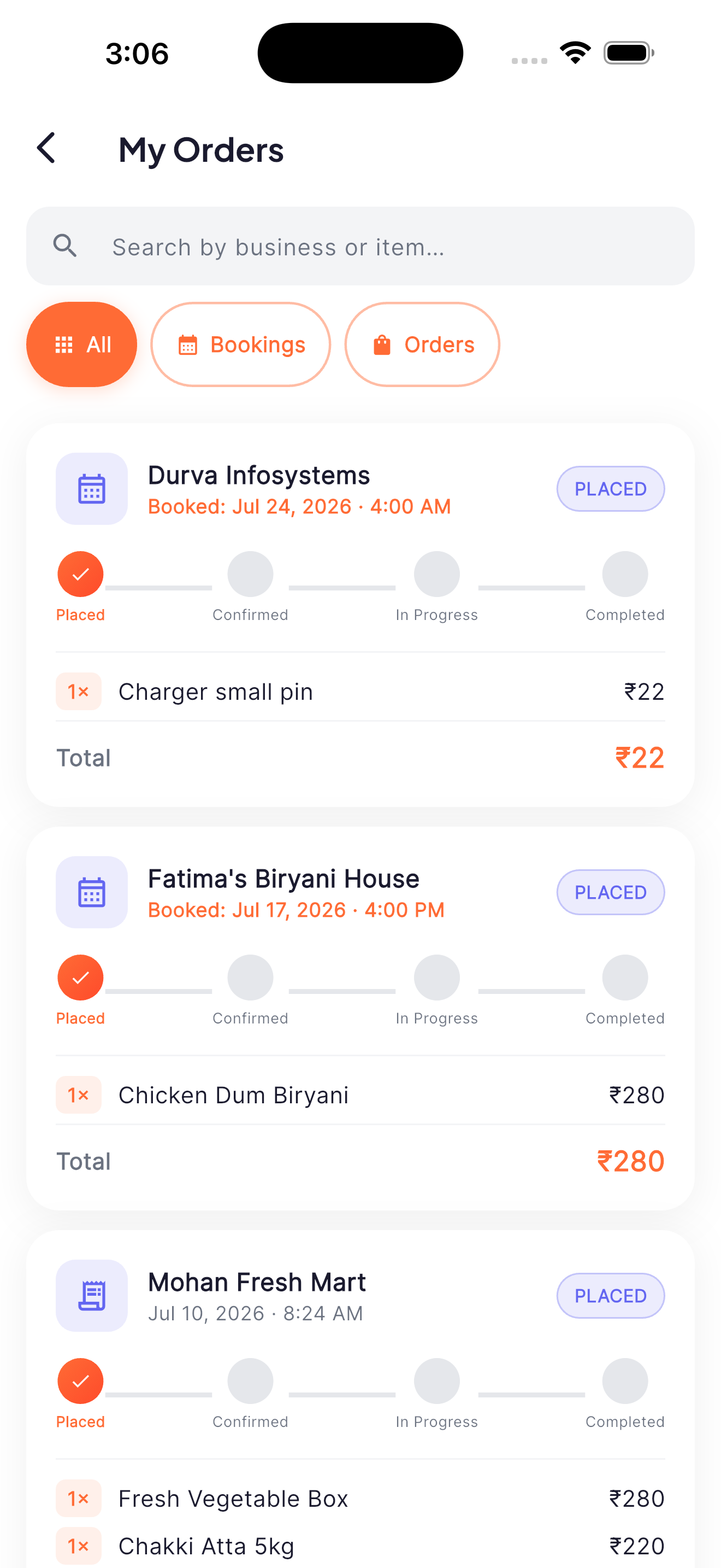 VallyLoop orders screen